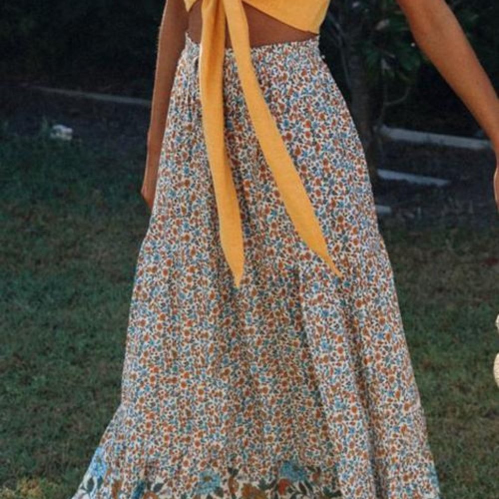 Boho Floral Print Elastic High Waist Maxi Skirt - Picture 3 of 10